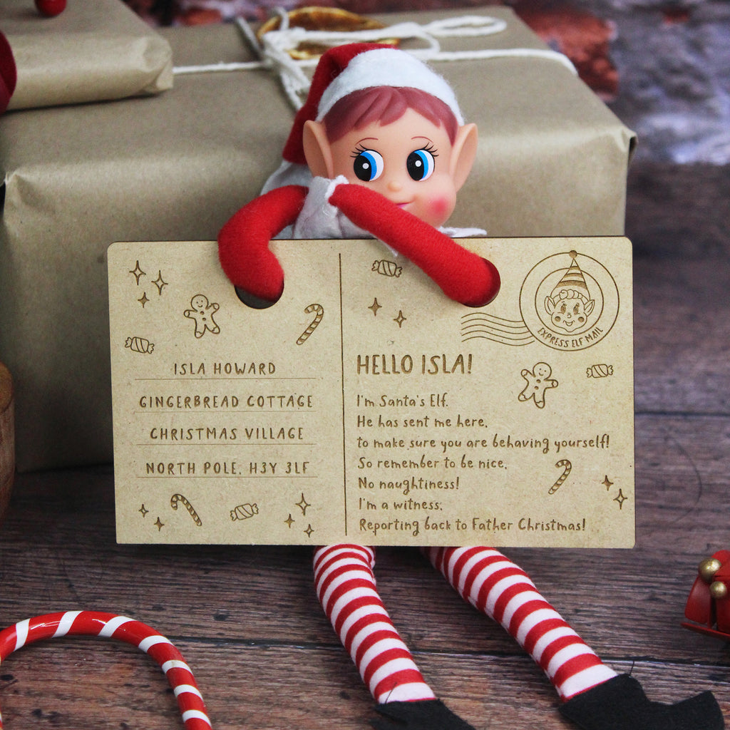 Personalised Wooden Elf Arrival Postcard