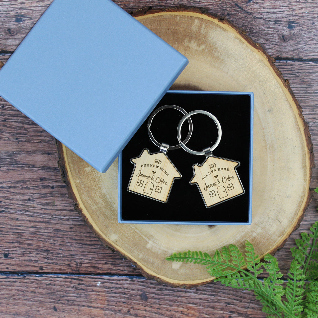 Two keychains in a box on a wooden surface with a blue card.