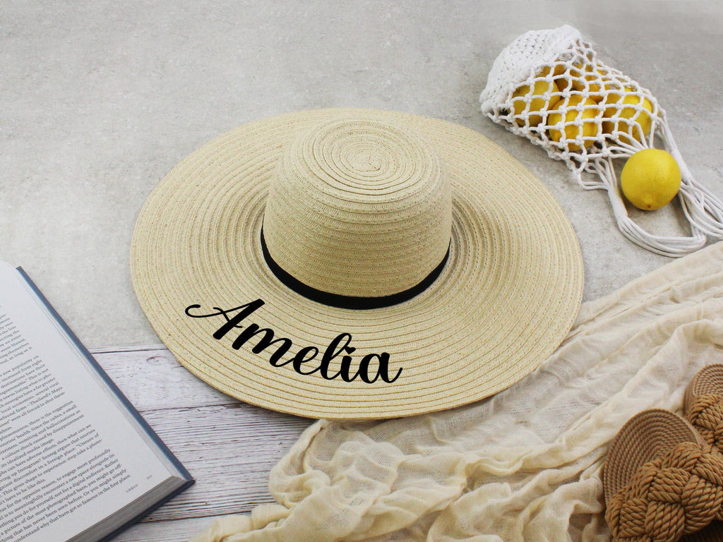 Personalised Wide Brimmed Straw Beach Hats with Name