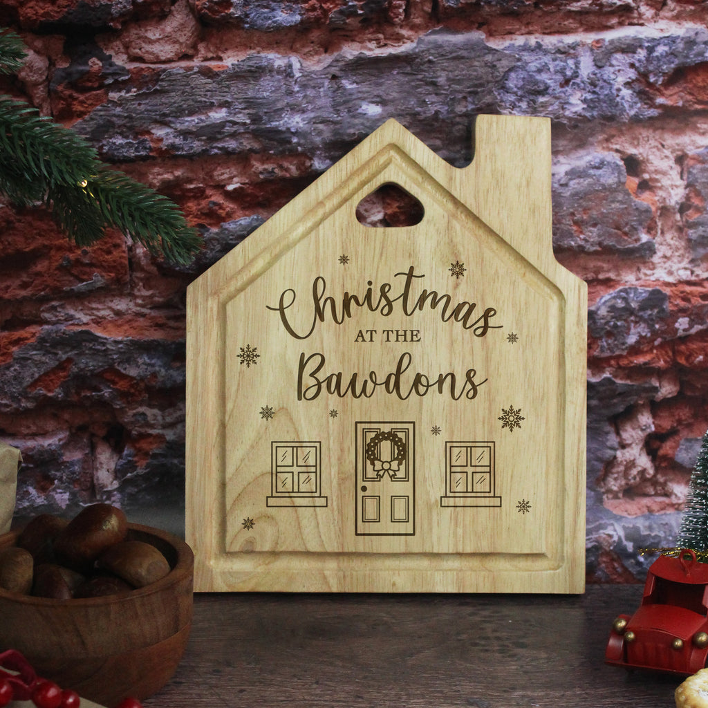 Personalised Christmas At The..Family Name House Shaped Board