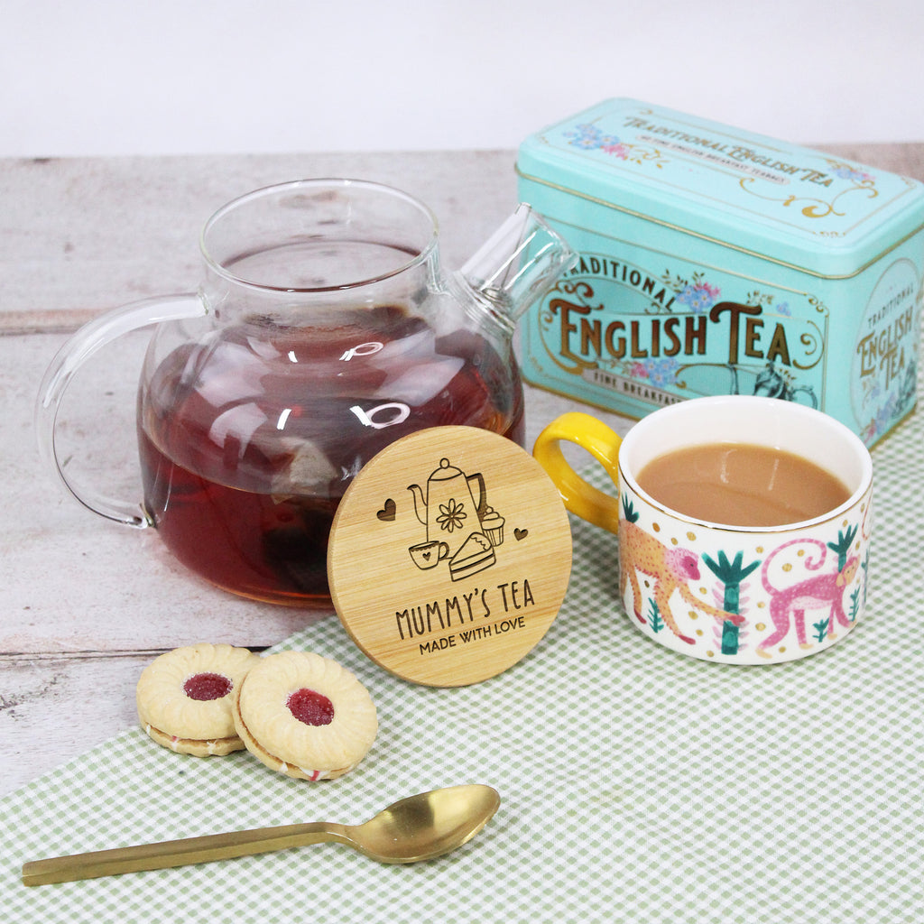 Personalised Borosilicate Glass Tea Pot with Wooden Lid & Strainer