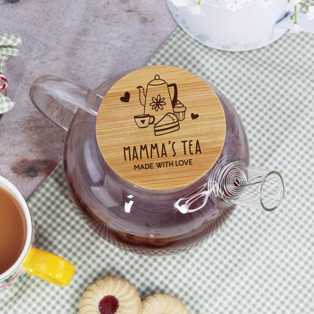 Personalised Borosilicate Glass Tea Pot with Wooden Lid & Strainer