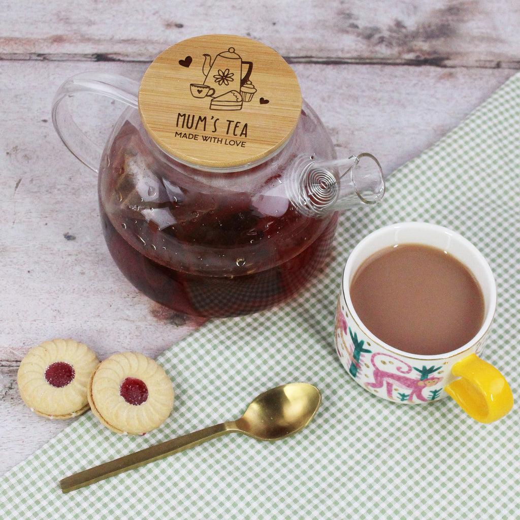 Personalised Borosilicate Glass Tea Pot with Wooden Lid & Strainer