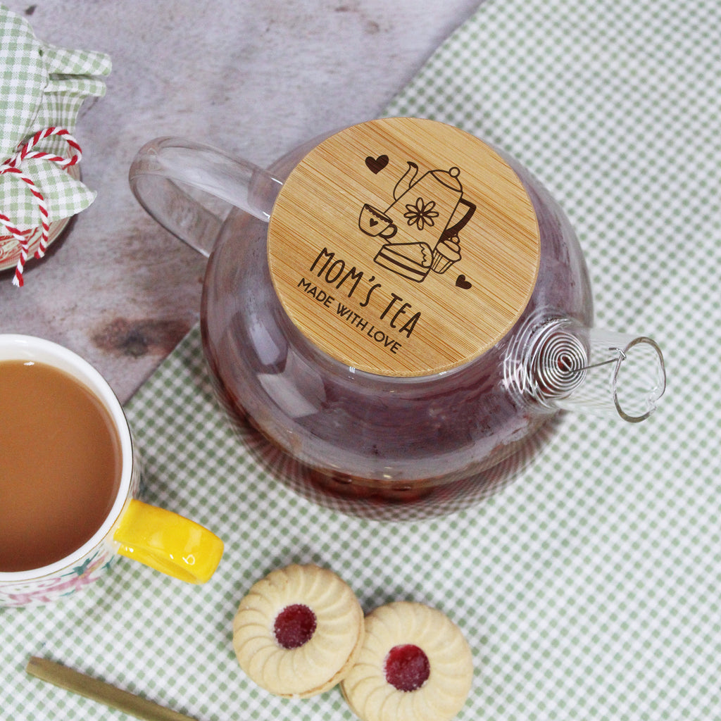 Personalised Borosilicate Glass Tea Pot with Wooden Lid & Strainer