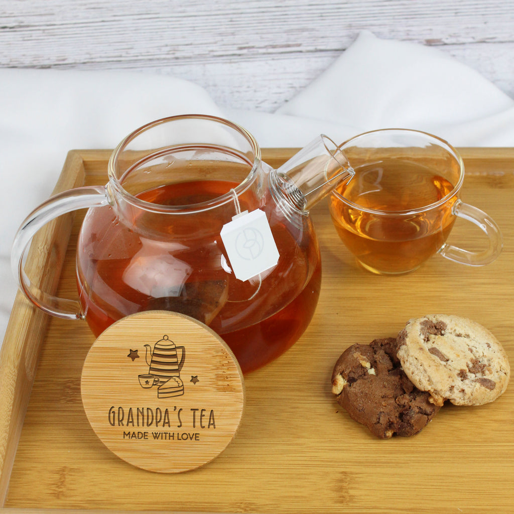 Personalised Borosilicate 'Grandad's Tea' Glass Tea Pot with Polished Bamboo Lid