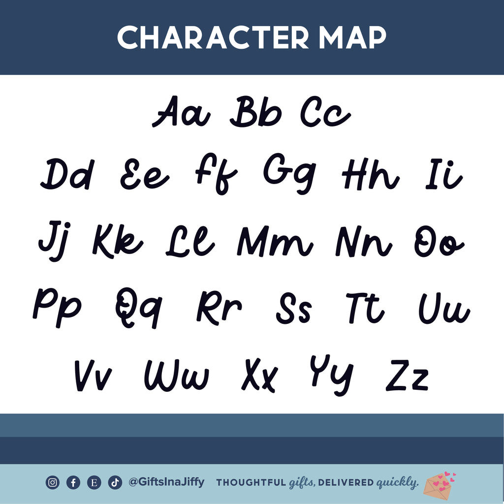 Character map with black letters on a white background