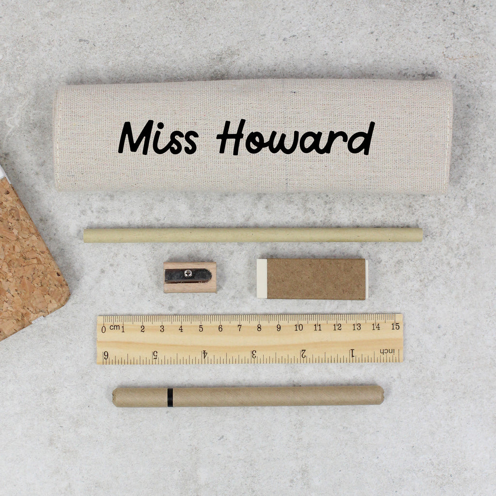 Educational supplies including a ruler, pencil, eraser, and sharpener on a textured surface with 'Miss Howard' branding.