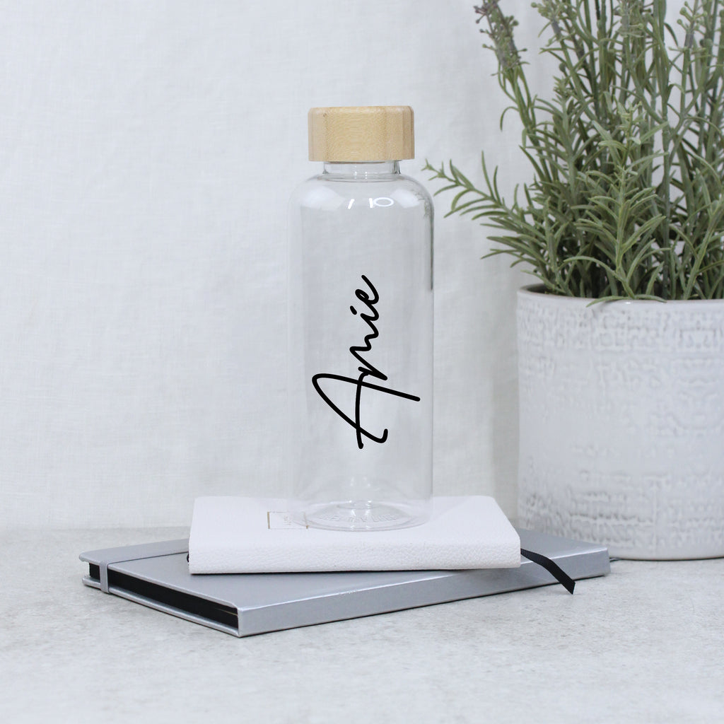 Personalised Clear Water Bottle with Name & Bamboo Lid