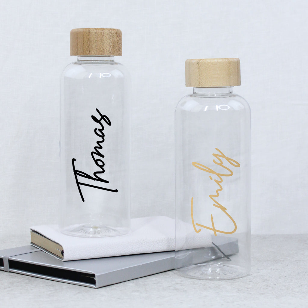 Personalised Clear Water Bottle with Name & Bamboo Lid