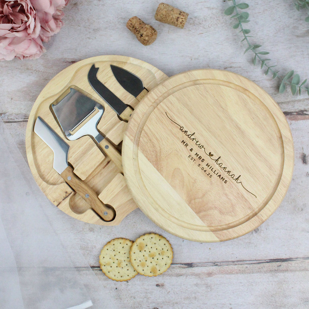 Personalised Round 25cm Wedding Cheese Board with 4 Cheese Tools