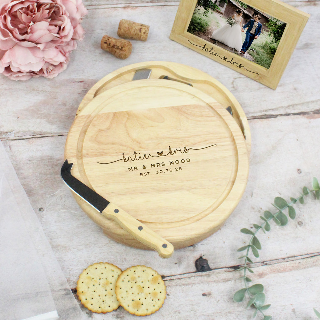 Personalised Round 25cm Wedding Cheese Board with 4 Cheese Tools
