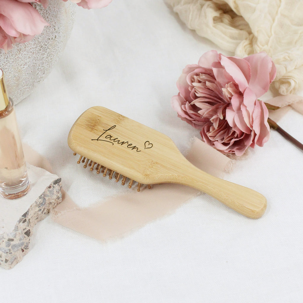 Personalised Wooden Paddle Hair Brush with Name & Heart