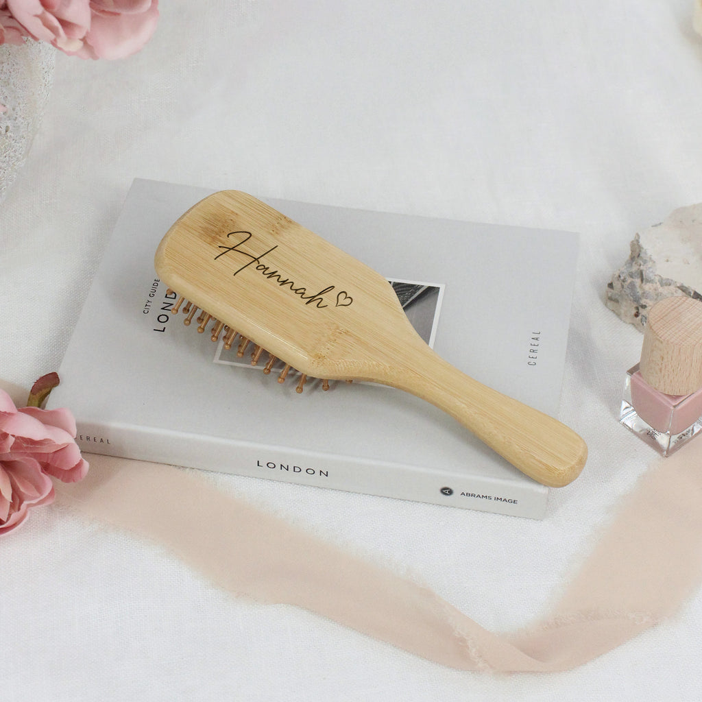 Personalised Wooden Paddle Hair Brush with Name & Heart