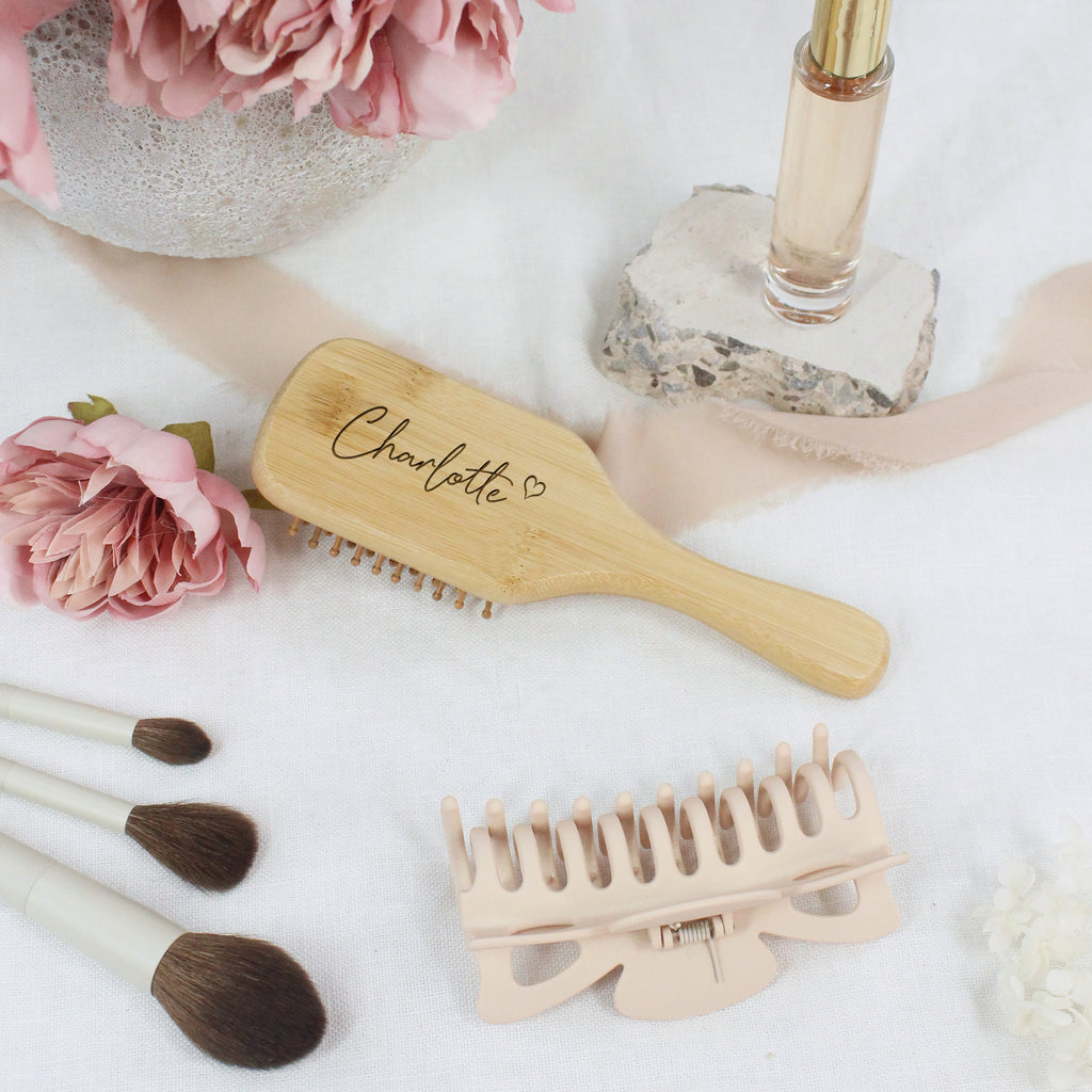 Personalised Wooden Paddle Hair Brush with Name & Heart