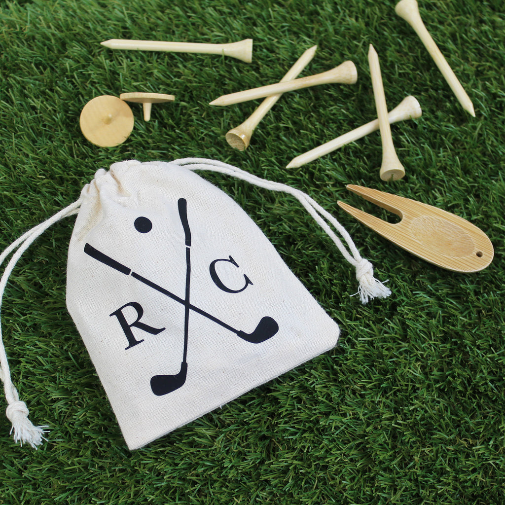 Wooden Golf Tools in Personalised Drawstring Bag