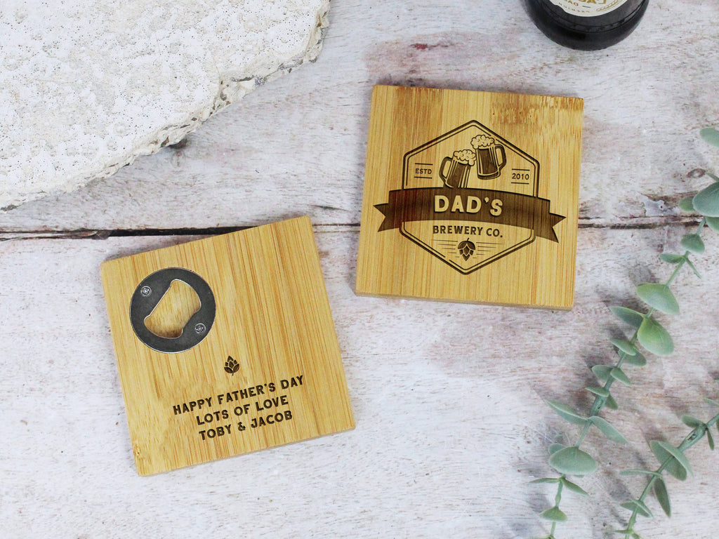 Personalised 'Dad’s Brewery' 2-in-1 Wooden Coaster & Bottle Opener