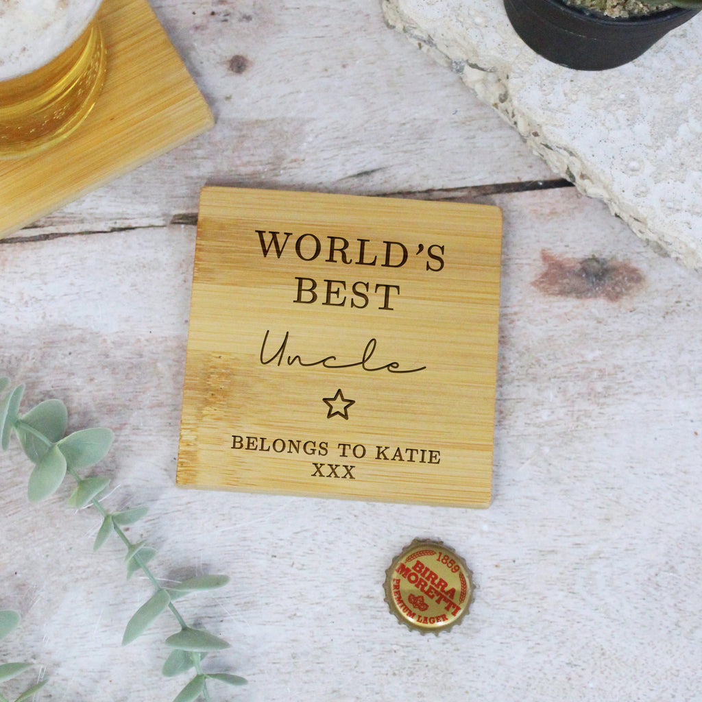 Personalised 'World’s Best Uncle' 2 in-1 Wooden Coaster & Bottle Opener