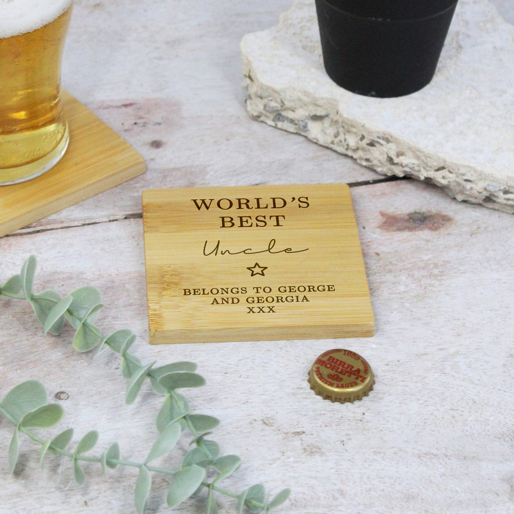 Personalised 'World’s Best Uncle' 2 in-1 Wooden Coaster & Bottle Opener