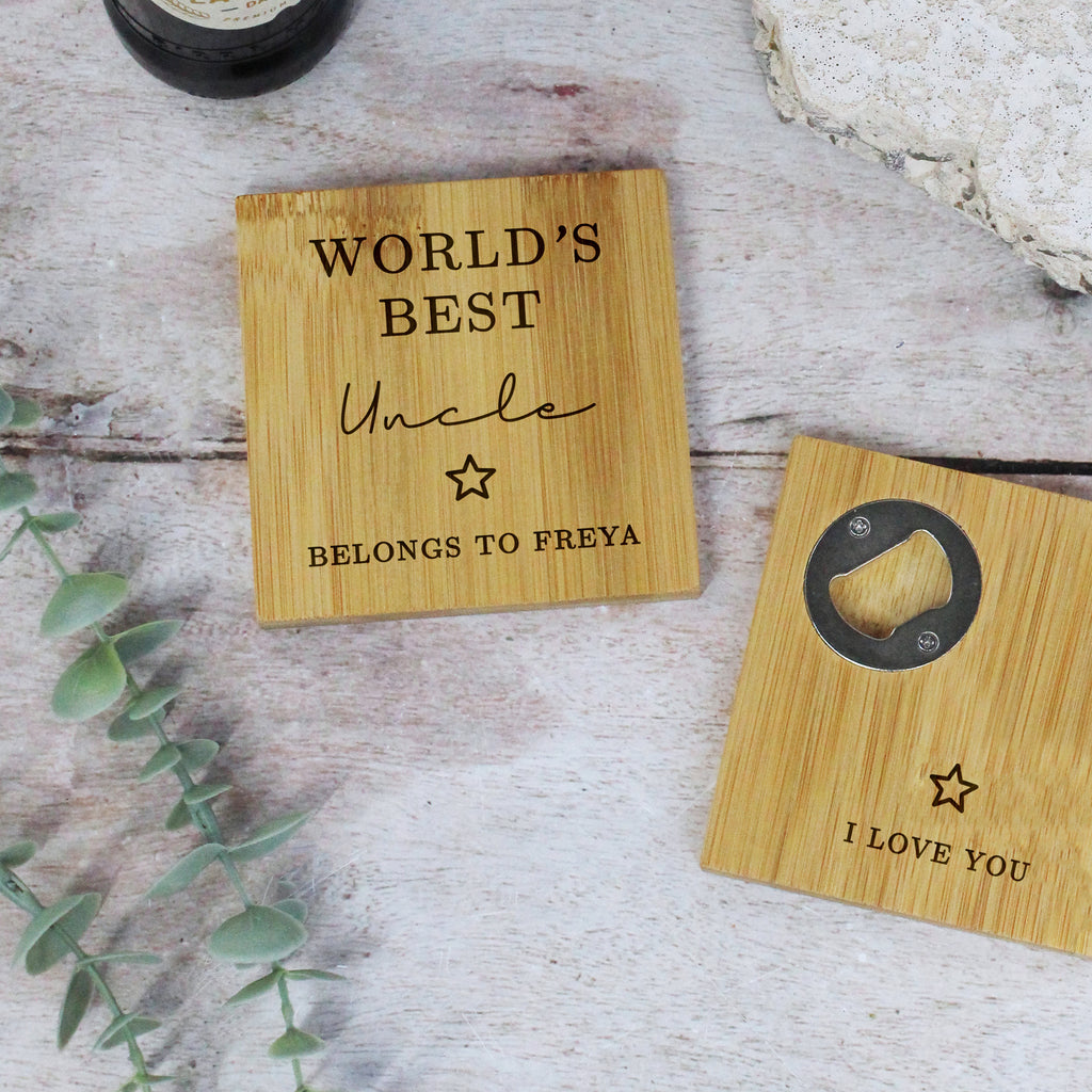 Personalised 'World’s Best Uncle' 2 in-1 Wooden Coaster & Bottle Opener