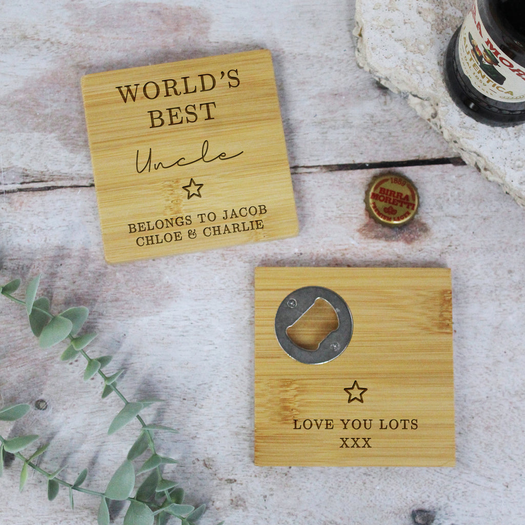 Personalised 'World’s Best Uncle' 2 in-1 Wooden Coaster & Bottle Opener