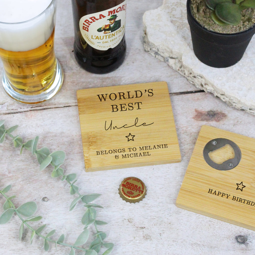 Personalised 'World’s Best Uncle' 2 in-1 Wooden Coaster & Bottle Opener