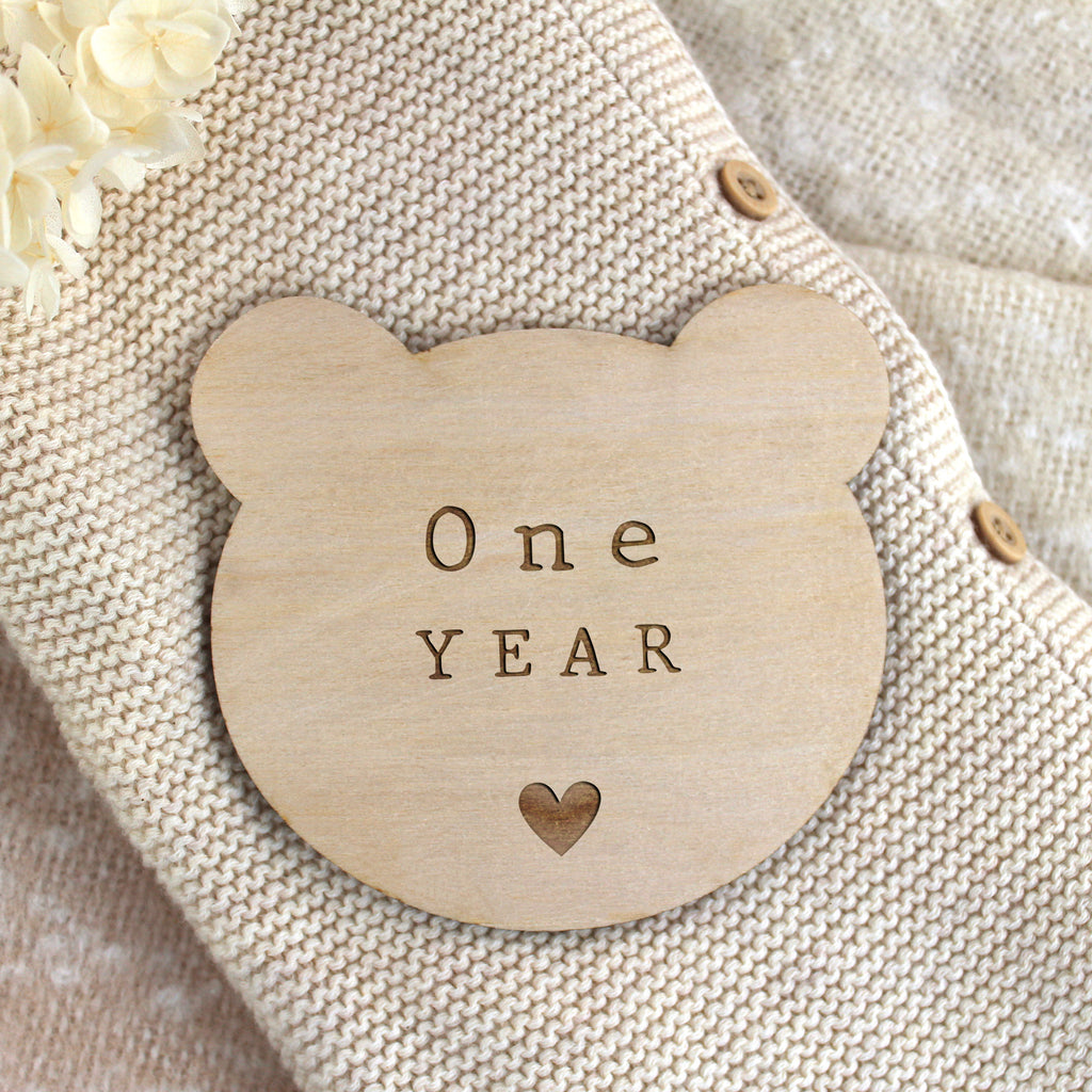 Set of 12 Wooden Bear Shaped Baby Milestone Discs