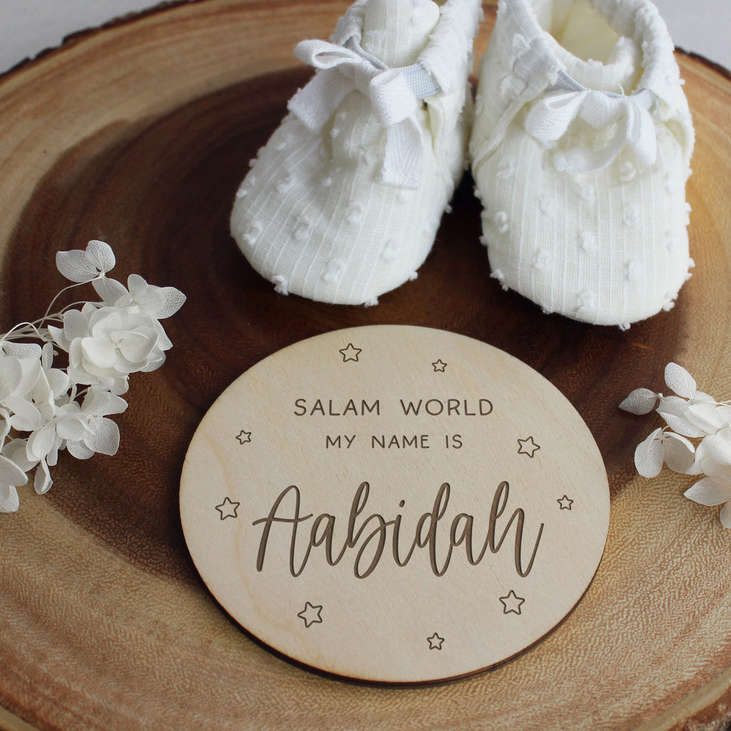 Personalised 'Salam World' Baby Name Announcement Disc