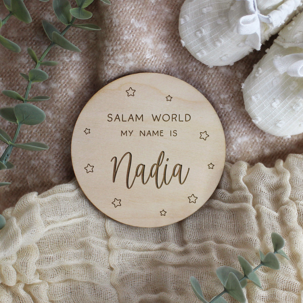 Personalised 'Salam World' Baby Name Announcement Disc