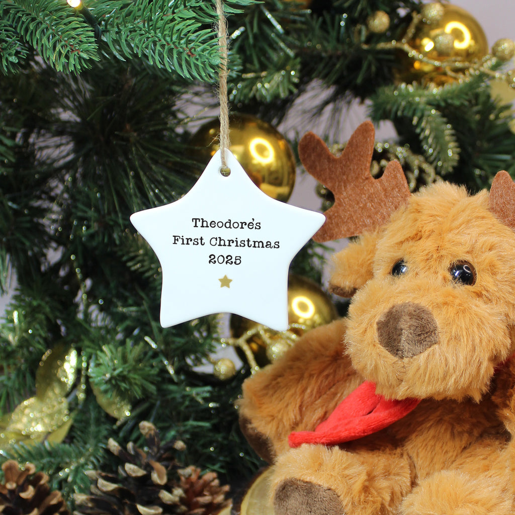 Plush reindeer toy with a 'Theodore's First Christmas 2023' tag on a decorated Christmas tree.