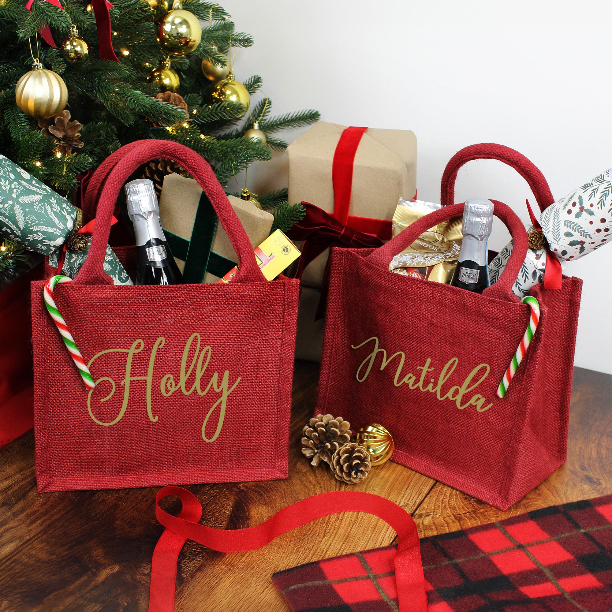 Merry Christmas Jute Christmas Gift Bags Personalised Small Red