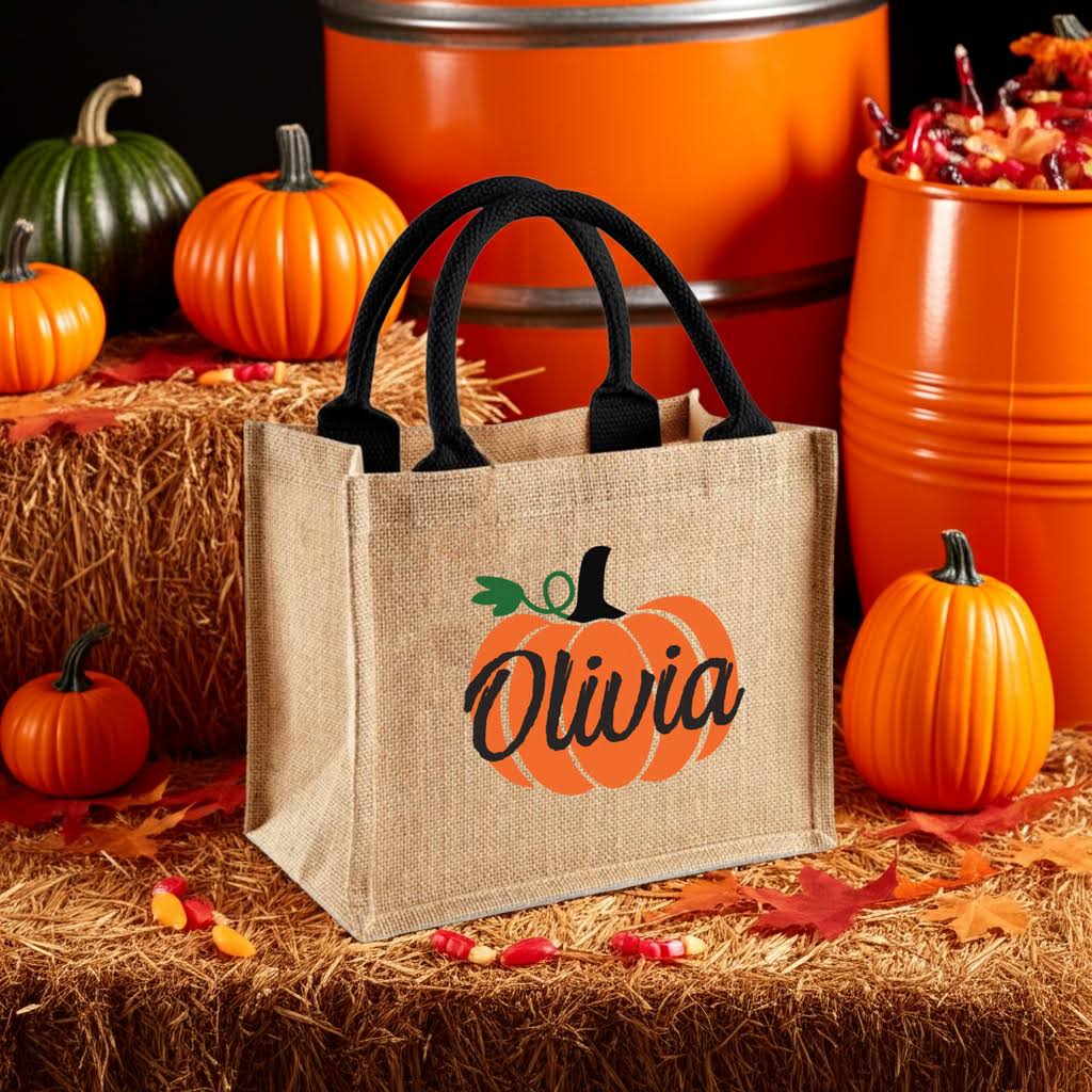 Jute bag with 'Olivia' design surrounded by pumpkins and a crock pot.