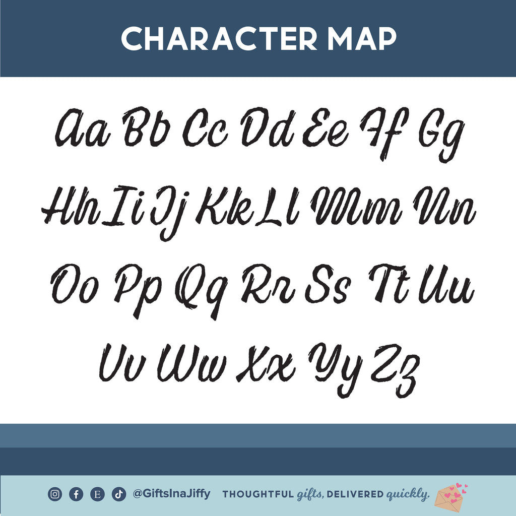 Character map with black cursive letters on a white background