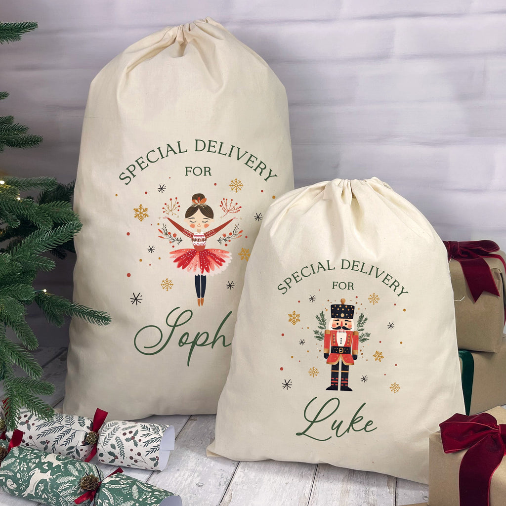 Personalised Cotton Christmas Sacks - Nutcracker or Ballerina Design