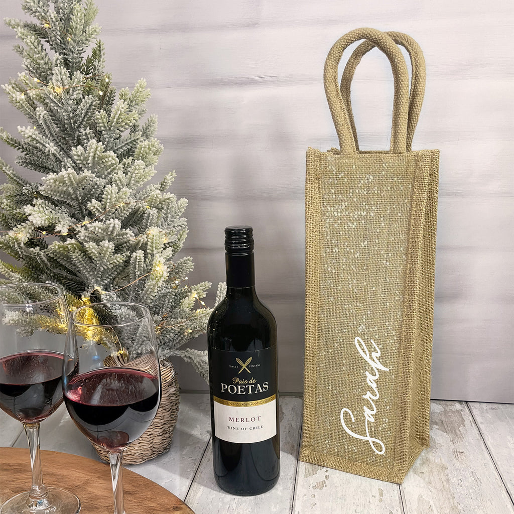 Personalised Shimmer Jute Bottle Bag with Name