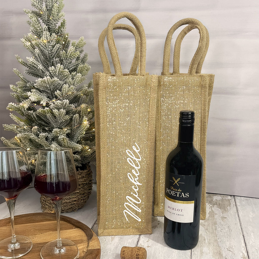 Personalised Shimmer Jute Bottle Bag with Name