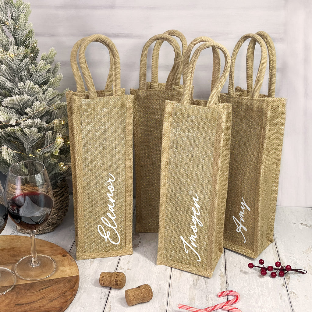 Personalised Shimmer Jute Bottle Bag with Name