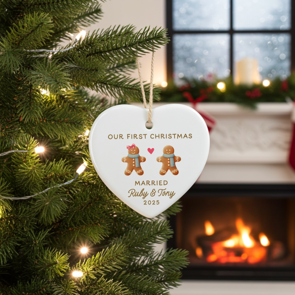 Heart-shaped ornament on a Christmas tree with a fireplace in the background