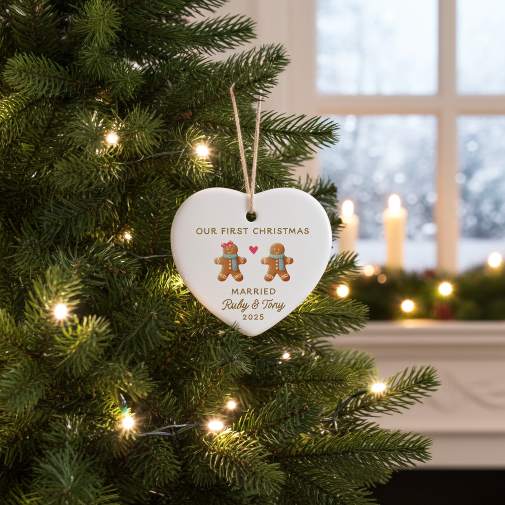 Heart-shaped ornament on a Christmas tree with 'Our First Christmas' text and gingerbread men design.