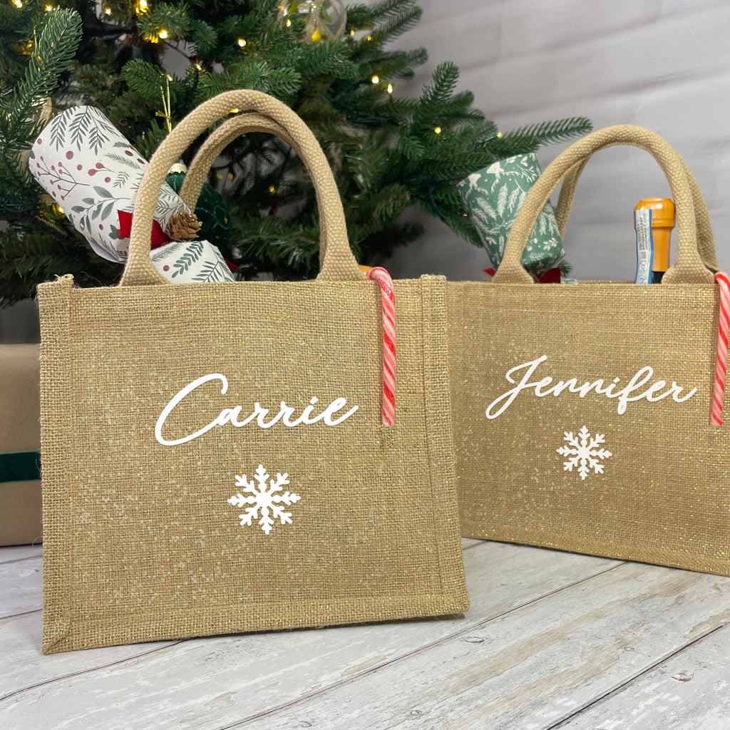 Personalised Small Shimmer Jute Christmas Gift Bag