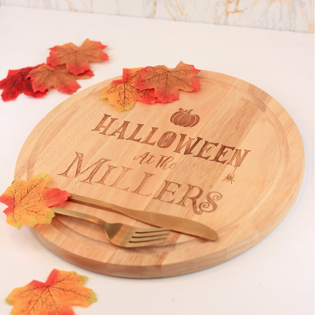 Personalised 'Halloween At The' Wooden 30cm Serving Board - Any Surname