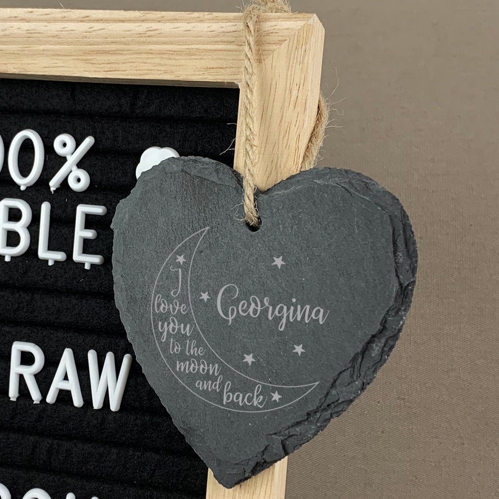 Personalised "I Love You To The Moon & Back" Slate Heart Hanging Decoration