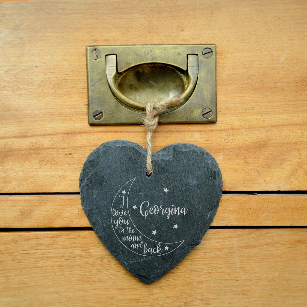 Personalised "I Love You To The Moon & Back" Slate Heart Hanging Decoration