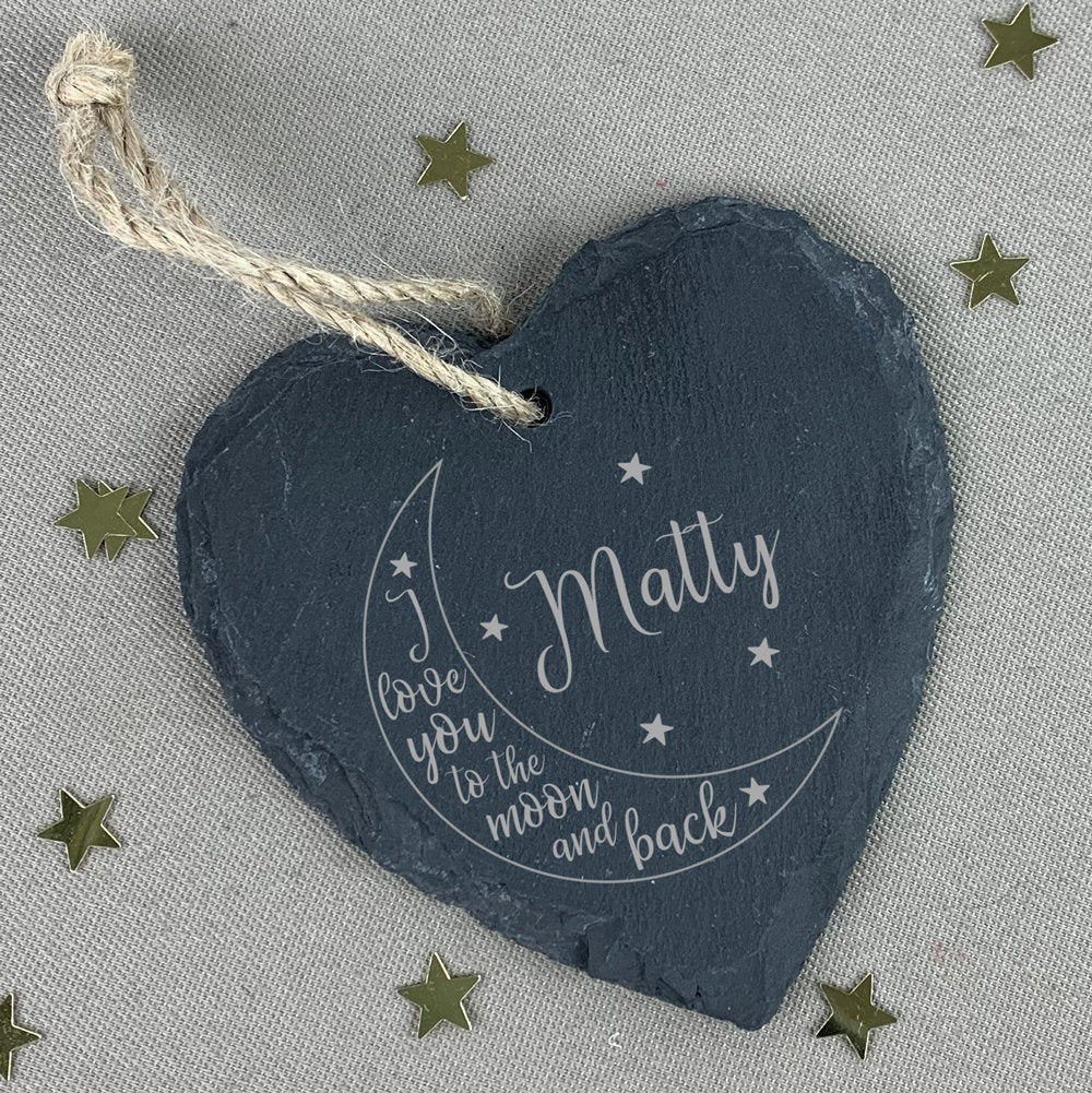 Personalised "I Love You To The Moon & Back" Slate Heart Hanging Decoration