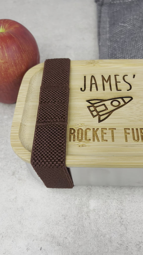 Personalised Childs "Rocket Fuel" Metal Lunch Box with Wooden Bamboo Lid & Utensils