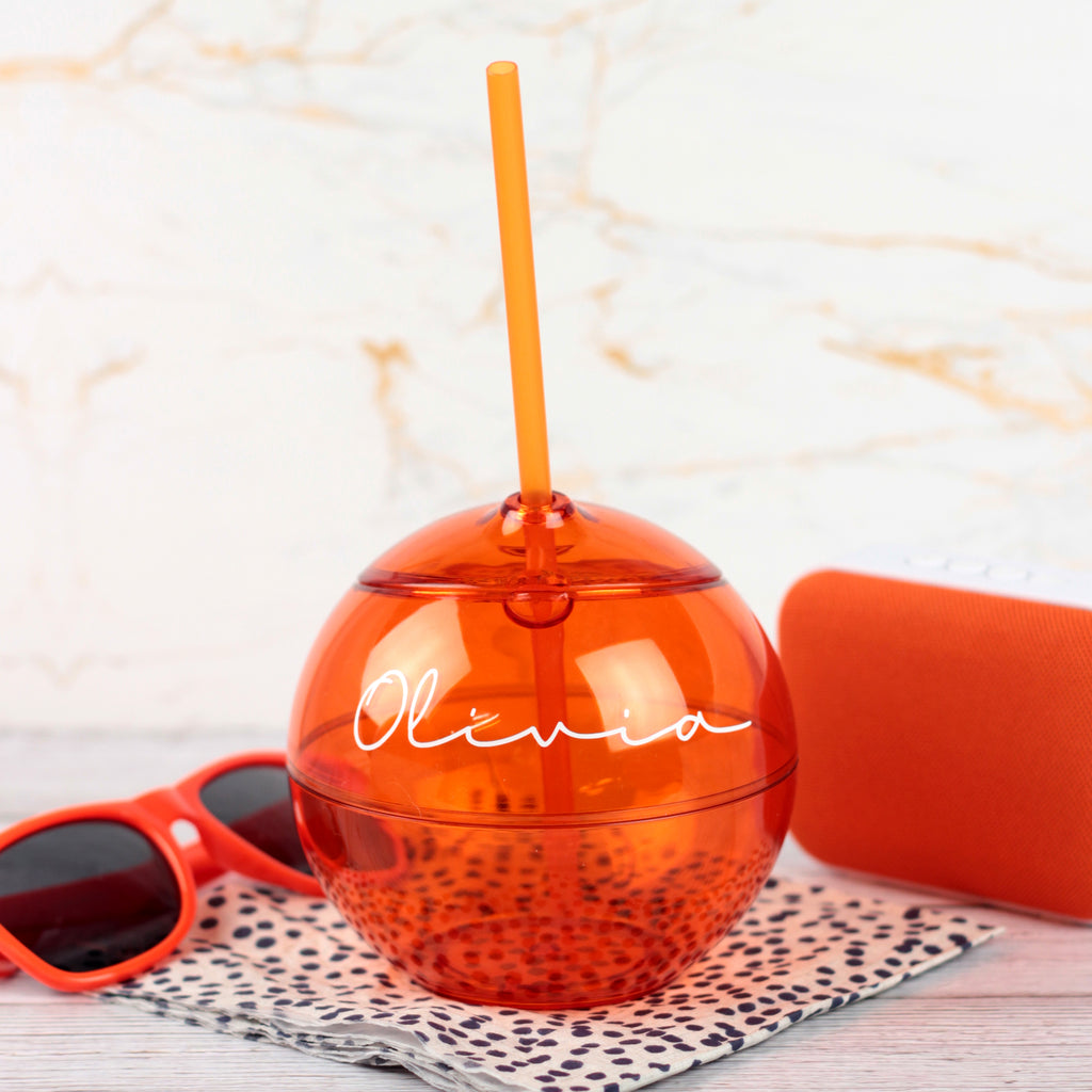 Personalised Orange Fish Bowl Tumbler with Straw & Lid  - ANY NAME