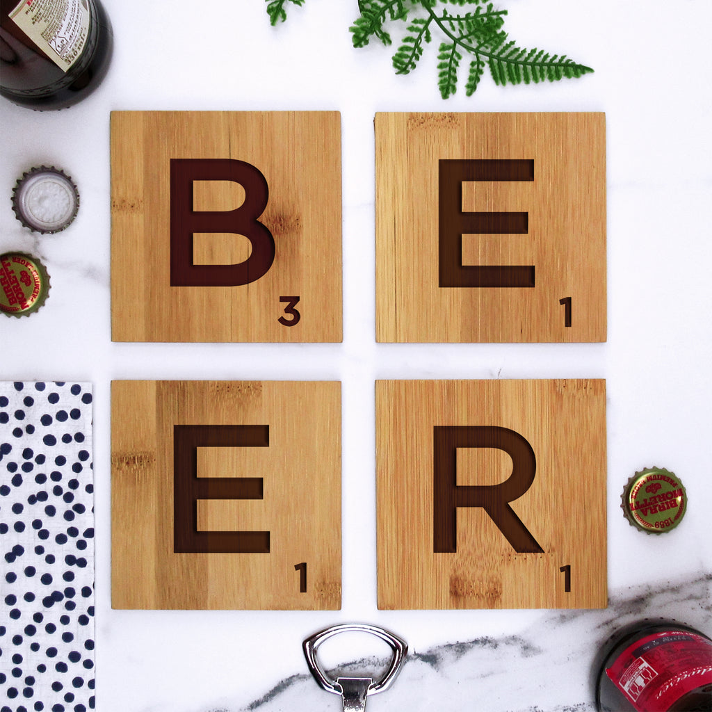 Set of 4 Wood Scrabble Letter Tile Alphabet Bamboo Drinks Coasters - BEER