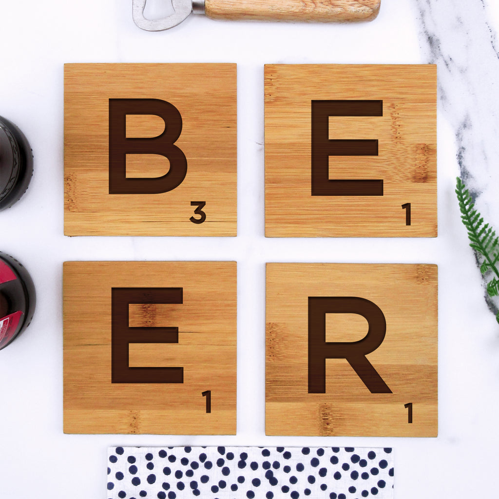 Set of 4 Wood Scrabble Letter Tile Alphabet Bamboo Drinks Coasters - BEER