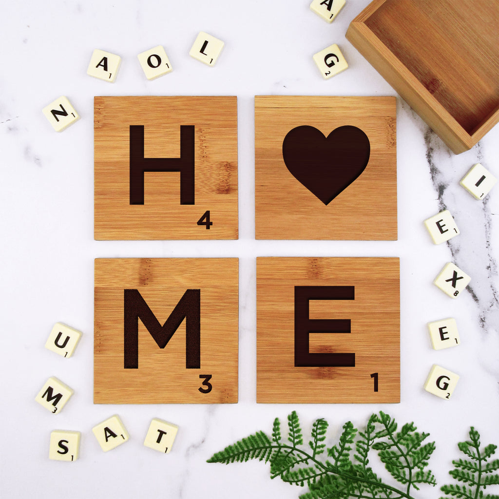 Set of 4 Bamboo Scrabble Letter Tile Alphabet Drinks Coasters - HOME