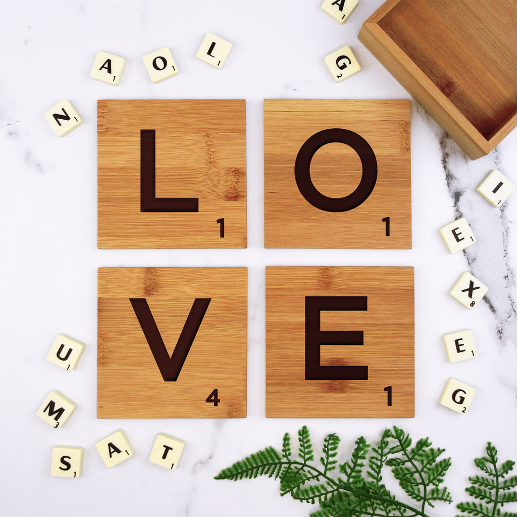 Set of 4 'LOVE' Bamboo Scrabble Letter Tile Alphabet Drinks Coasters