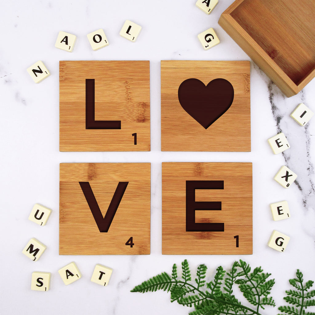 Set of 4 'LOVE' Bamboo Scrabble Letter Tile Alphabet Drinks Coasters
